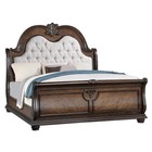 Luxury Sleigh 4pc Coffee Brown Upholstered Master Bedroom Set Marble Top B d m n