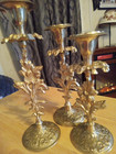3 Antique Baroque Victorian Style Candle Holder Floral Brass 8  6 5  6  Tall