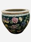 Vintage Large Chinese Ceramic Green Floral Bird Peach Koi Jardiniere Pot 12   tall