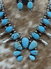Navajo Handmade Sterling Silver Kingman Turquoise Squash Blossom Necklace 20   