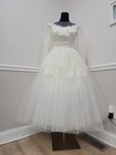 Vintage 1950s Mid-century White Lace Tulle Wedding Dress Long Sleeve Full Skirt