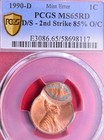 1990-d Double Struck Error Double Date Lincoln Memorial Cent  Pcgs Ms-65 Rd