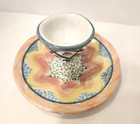 1989 Mackenzie Childs Egg Cup Holder With Attached Saucer  Yellow  Pink   Green
