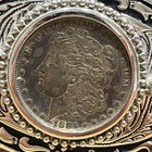 Vtg Western Style 1885 Morgan Silver Dollar Buckle   Tan Tooled Leather Belt 40   