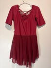 Leveret Girl Nwt Sk Leotard Maroon 6 Sleeves Criss Cross Back Sheer Skirt Xl