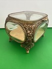 Vintage Ormolu Filigree Ornate Beveled Glass Jewelry Velvet Trinket Box Casket