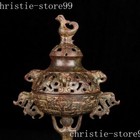 Ancient Chinese Dynasty Bronze Ware People Bird Statue Incense Burner Censer