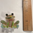 Frog Brooch Pin Gold Tone Green Enamel Rhinestone Accents Mixed Materials