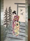 Japanese Antique Painting Hanging Scroll Women Children Japan Art 53 yrs Old