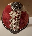 Sheridan Silver Co  Cup Pin Cushion Sewing Holder Red Velvet Antique Lace 7 5   h