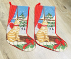 Set Of 2 Vtg 17  Needlepoint Cat At Window Christmas Stocking Red Velvet Read