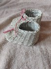 Vintage White Woven Rattan White Wicker Baby Booties Baskets Pair Pink Bow   