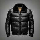 Mens Black Leather Puffer Jacket Shearling Fur Collar Quilted Bomber Winter Coat