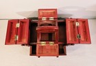 Vintage Wood Accordion Sewing Box Cantilever 3 Tier Craft Jewelry Organizer Tray
