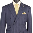 Vinci Men s Denim Blue Wide Stripe Double Breasted 6 Button Reg Fit Suit - New
