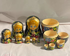 Vintage Russian Matryoshka Nesting Dolls Black Floral Gold Hand Painted 7 Dolls