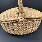 Vintage French Country Large Wicker Basket Double Hinge Lid Picnic Sewing Crafts