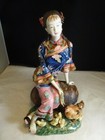Chinese Pottery Wucai Porcelain Woman Ladies Girl W bird Statue  9 3 4  Tall