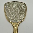 Vintage 1950s Gold Plate With Silver Floral Handheld Vanity Mirror