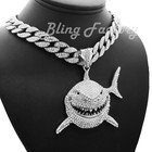 Silver Plated Iced Shark Large Pendant Cubic Zirconia Iced Cuban Chain Necklace