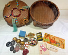 Vtg Chinese Sewing Basket W legs  Peking Glass Beads Ring Coins Notions 11  D