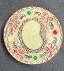 Vintage Enamel Brass Trinket Box Carved Jade Stone Accent Pill Box Compact