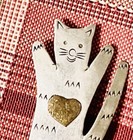 Kitten  cat Brooch Silver W  Gold Heart Happy Animals Vintage