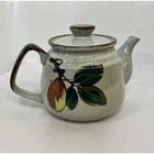 Speckled Gray Stoneware Teapot Vintage 1960s Fruit Leaves 3 Cup Has Lid