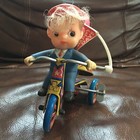 Antique Tin Litho Wind Up Toy Boy On Tricycle W  Balloon Mtu Happy Days Vintage