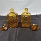 Vintage Mcm Amber Glass Decanter Set Of 2 Diamond Point Square Bottles Stoppers