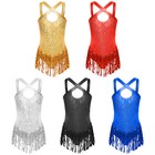 Kids Girls Shiny Ballet Dance Leotard Dress Sleeveless Sequins Tassel Bodysuit