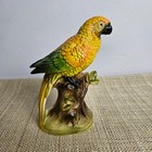 Vtg Parrot Figurine Yellow Green Ceramic Bird On Tree Stump Occupied Japan