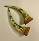 Pair 14    Carved Water Buffalo Horns With Dragons Pheasants On Wood Vintage  500