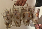 Mcm 1960s Libbey Starlyte Frosted Gold Leaf Glass Set And Caddy 8 Glasses