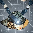 Lee Sands  vintage Necklace Earrings   Inlay Lady In Hat  Beaded Pendant