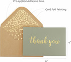 Thank You Cards - Blank 50 Pack Sage Green Matte Finish Cards With Gold Foiled  