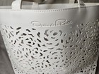Oscar Del La Renta Tote Bag Shoulder Handbag White Faux Leather Floral Laser Cut