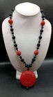Art Deco Chinese Carved Red Cinnabar Pendant Necklace Black Beaded Stone 26 