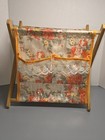 Vtg Floral Folding Sewing knitting Basket Wood Caddy Fabric W  Plastic Cover 70s