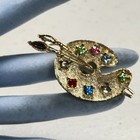 Vintage Brooch Artist Paint Palette Pin Multi Rhinestone Gold Tone
