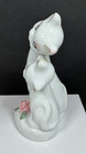 Vintage Pair Of White Long Neck Kitty Cats With Flower Porcelain Figurine