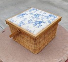 Vintage Woven Wicker Sewing Basket With Toile De Jouy Lid And Handle Country   