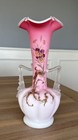 Antique Victorian Blown Pink Art Glass 11    Vase W  Painted Pansy Flowers Read