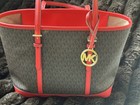 Michael Kors Medium Tote Bag Brown red Mk Logo  Double Handles  Gold Hardware