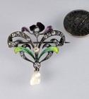 Antique Art Nouveau Iris Enamel Sterling Brooch Pin C 1900