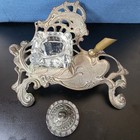 Vintage Art Nouveau Cast Iron Desk Ink Well Pen Holder Glass Inkwell Antique