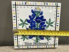 Vtg Kathryn Designs Texas Bluebonnets Porcelain 6  Square Tile Trivet W hanger
