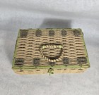 Vintage Wicker Woven Sewing Box Basket Green Satin Ratan Japan 9  See Photos 