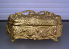 Antique Victorian Gold Tone Art Nouveau Footed Casket Jewelry Trinket Box 