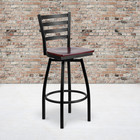 Hercules Series Black Ladder Back Swivel Metal Barstool - Mahogany Wood Seat